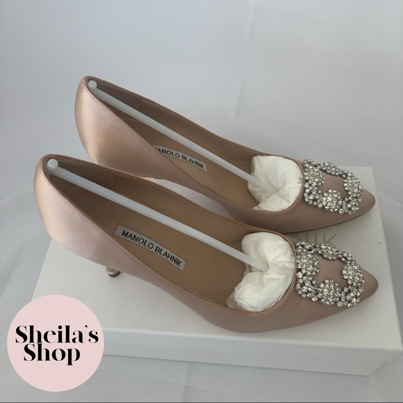 NIB Manolo Blahnik Hangisi 90 Satin Pumps 37 Nude - Picture 4 of 9